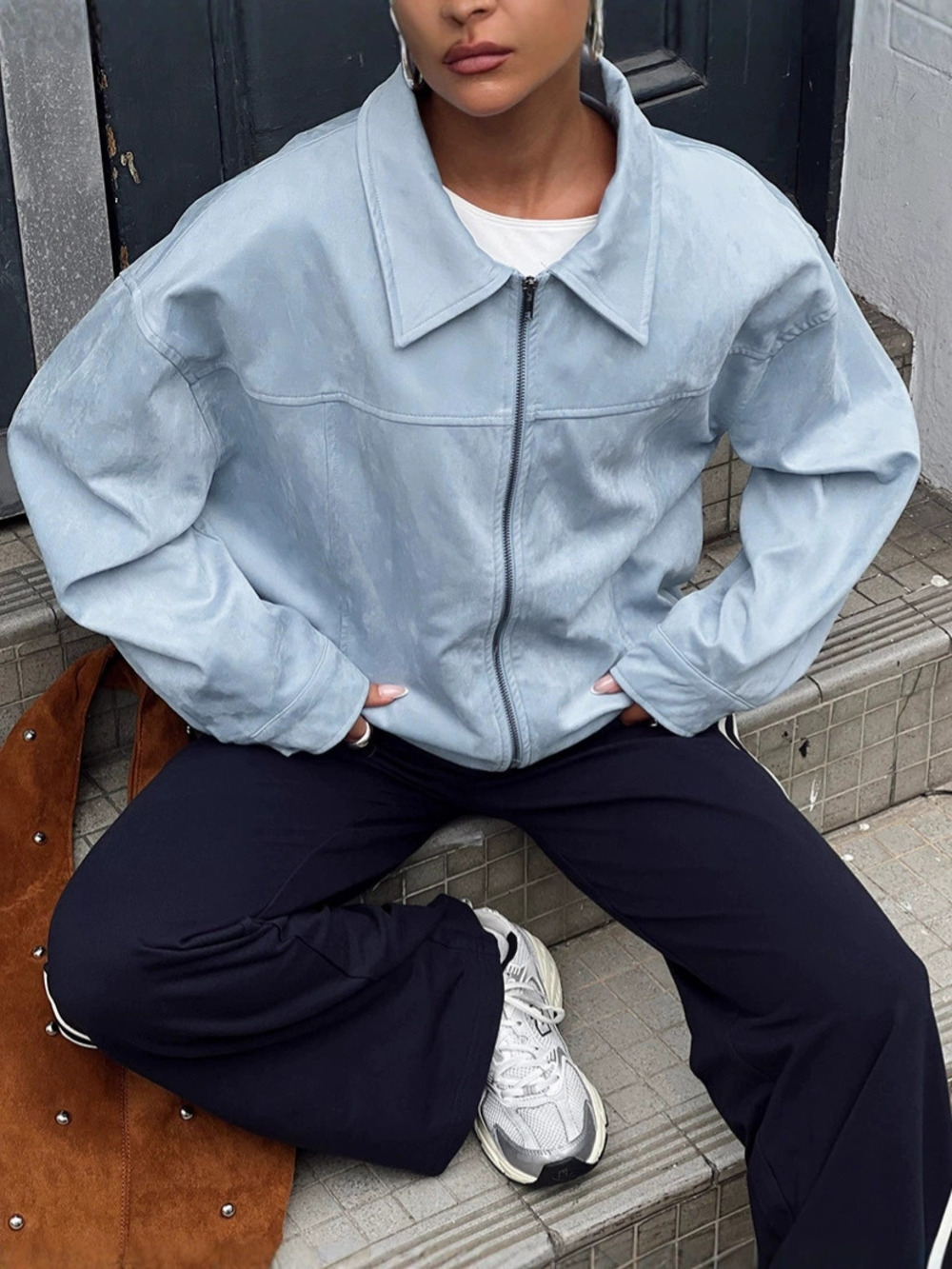 Forever 21 Blue Suede Lapel Jacket Casual Oversized Winter
